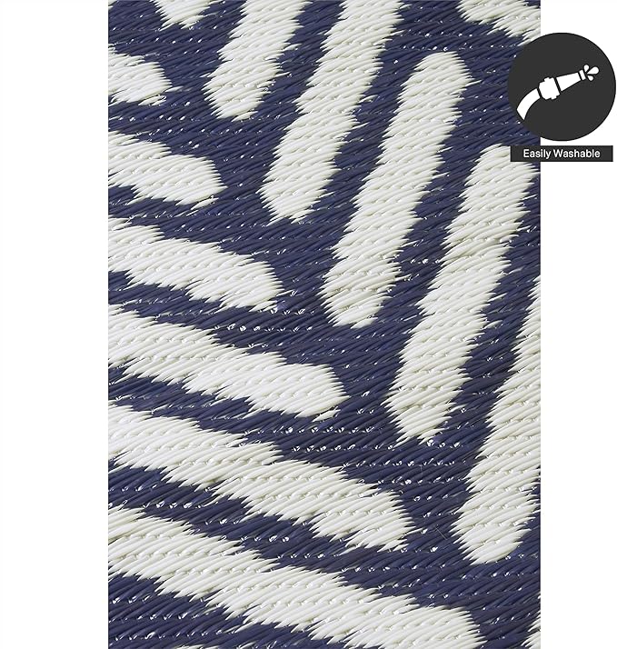FH Home Outdoor Rug - Waterproof, Fade Resistant, Reversible - Premium Recycled Plastic - Herringbone - Patio, Deck, Porch, Balcony, Laundry Room - Fresno - Navy Crease Free - 4 x 6 ft