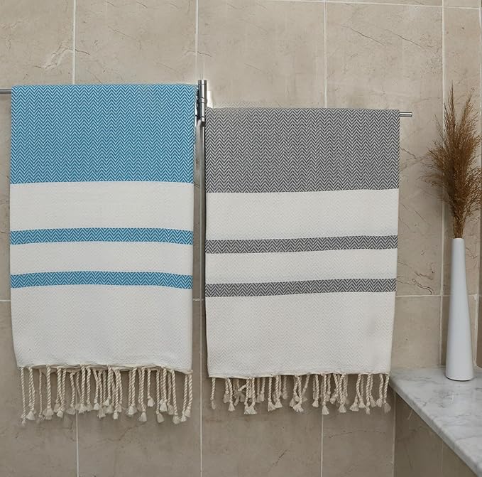 2 Set Oversized Turkish Bath Towel Sheets for Adults XXL Bathroom Extra Large Luxury Cotton Pool Peshtemal Washable Good Texture, Absorbency, Softness (Turquoise Blue and Silver Gray)