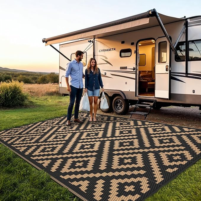 Outdoor Rug for Patio - Waterproof Plastic Straw Camping Rugs 9x12 ft, Reversible Outdoor Indoor RV Mat Carpet for Patio, Porch, Deck, Balcony, Picnic, Beach, Black Brown