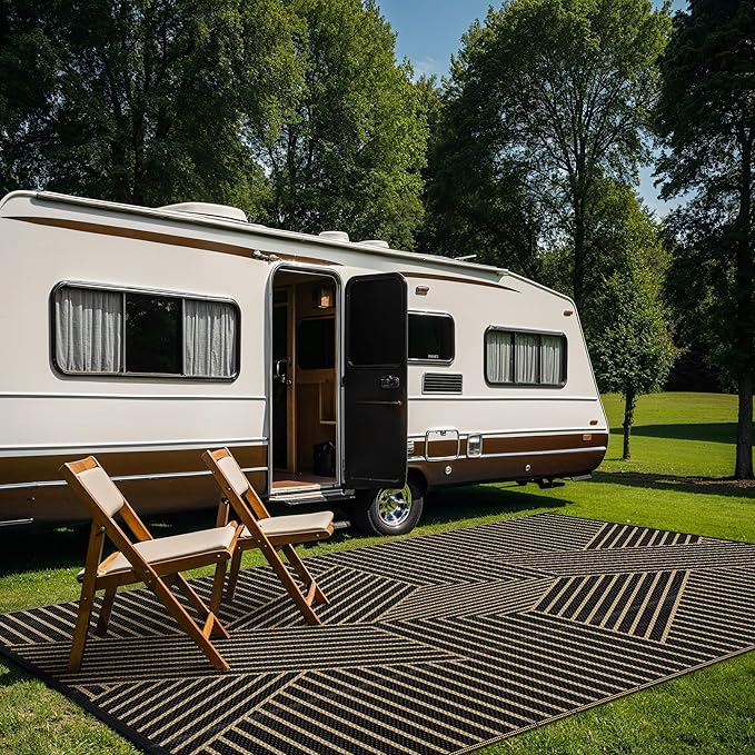 GENIMO Outdoor Rug 8'x10' for Patio Waterproof Clearance, Reversible Outdoor Plastic Straw Rug, Lightweight Carpet Camping Mat for Rv, Camper, Picnic, Balcony, Backyard, Deck, Porch, Black & Brown