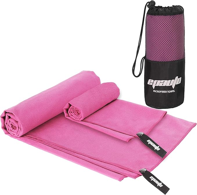 EPAuto 2-Pack Microfiber Fast Drying Travel Gym Towels, Pink, (60''x30'', 24''x15'')