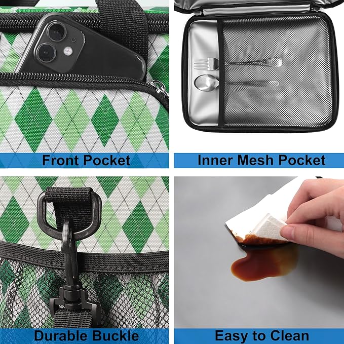 Femuar Lunch Bags for Women/Men, Insulated Lunch Bag for Work Office - Lunch Cooler Bag Leakproof Lunch Box with Adjustable Shoulder Strap - Green plaid