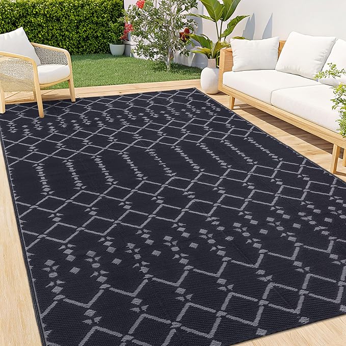 Smiry Outdoor Rug 5x8 ft, Waterproof Reversible Plastic Straw Rugs, Boho Outdoor Area Rug, Outside Floor Mat for Patio, Backyard, Deck, Picnic, Beach, Camping, Dark Grey