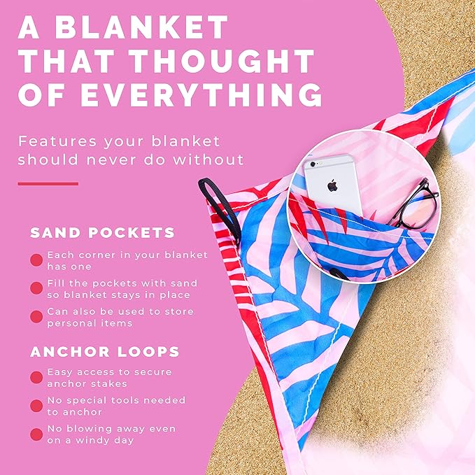 Lightweight Beach Blanket - Oversized 107" x 77" - Waterproof Sandproof - Double Anchored for Fun Leisure Beach Blanket - with Stake and Pouch - Durable Sand Beach Mat