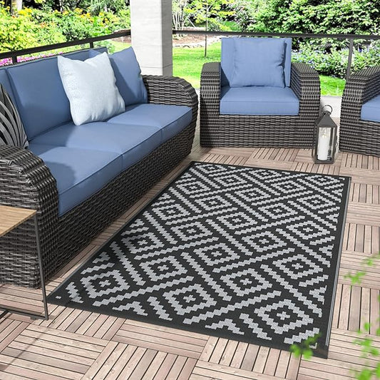 GENIMO Outdoor Rugs 3x5 Waterproof, Reversible Mats, Outdoor Area Rug, Plastic Outside Carpet, Eeometric Rv Mat for Patio Camping Rv Picnic Backyard Deck Balcony Porch Beach Trailer (Black & Grey)