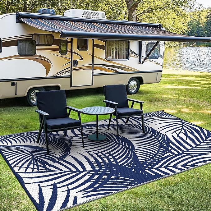 GENIMO Outdoor Rug 8' x 10' Waterproof for Patio Clearance, Reversible Plastic Straw Camping Carpet, Lightweight Mats for Rv, Backyard, Deck, Porch, Picnic, Beach, Balcony, Blue & White