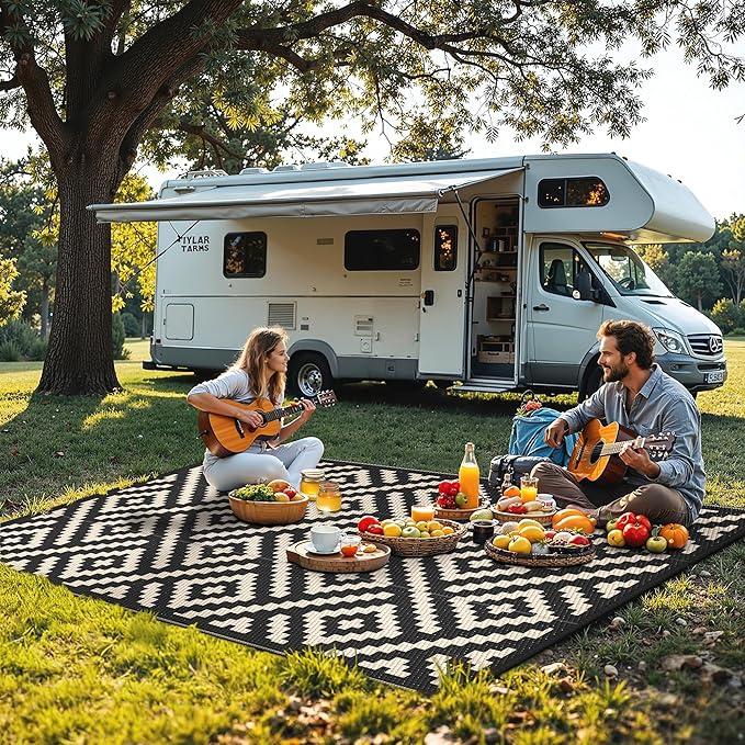 Outdoor Rug for Patio - Waterproof Plastic Straw Camping Rugs 4x6 ft, Reversible Outdoor Indoor RV Mat Carpet for Patio, Porch, Deck, Balcony, Picnic, Beach, Black Beige