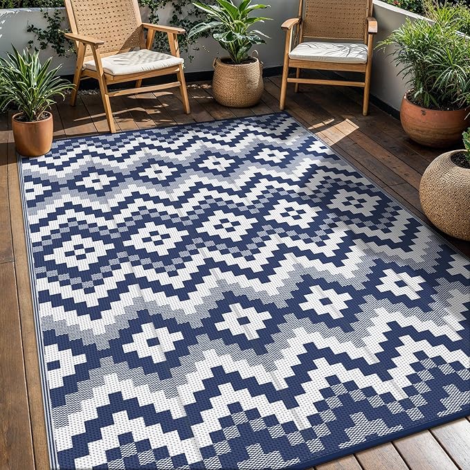 GENIMO Outdoor Rug for Patio, 5' x 8' Lightweight Waterproof Plastic Straw Rugs, Reversible Camping Carpet, Large Area Rugs Mat for Rv, Deck, Balcony, Porch, Backyard, Blue & White