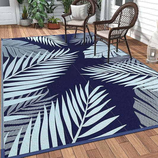 GENIMO Outdoor Rug 10' x 14' Waterproof for Patios Clearance, Reversible Outdoor Plastic Straw Camping Rug Carpet, Large Area Rugs Mats for RV, Camper, Deck, Balcony, Porch, Beach, Navyblue&Babyblue