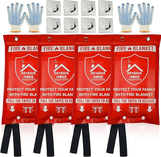 Extra Large Fire Blanket - 48”x 48” Pack of 4 Blankets with 8 Hooks and 4 Gloves, Fire Blankets Emergency for Home, Car, Kitchen, Warehouse, Outdoor, and Camping Safety
