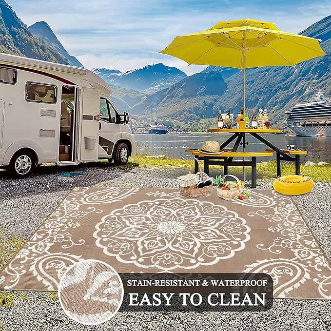 Pauwer Waterproof Outdoor Rug 10x14, Reversible Plastic Straw Patio Camping Rug, Indoor Outdoor RV Mat Carpet for Deck, Camper, Porch, Balcony, Backyard, Picnic, Boho Brown