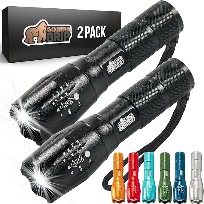 Gorilla Grip Powerful LED 750 FT Water Resistant 5 Adjustable Mode Tactical Flashlight, High Lumens Ultra Bright Battery Zoom Flashlights, Small Camping Car Mini Flash Light Accessories, 2 Pack Black