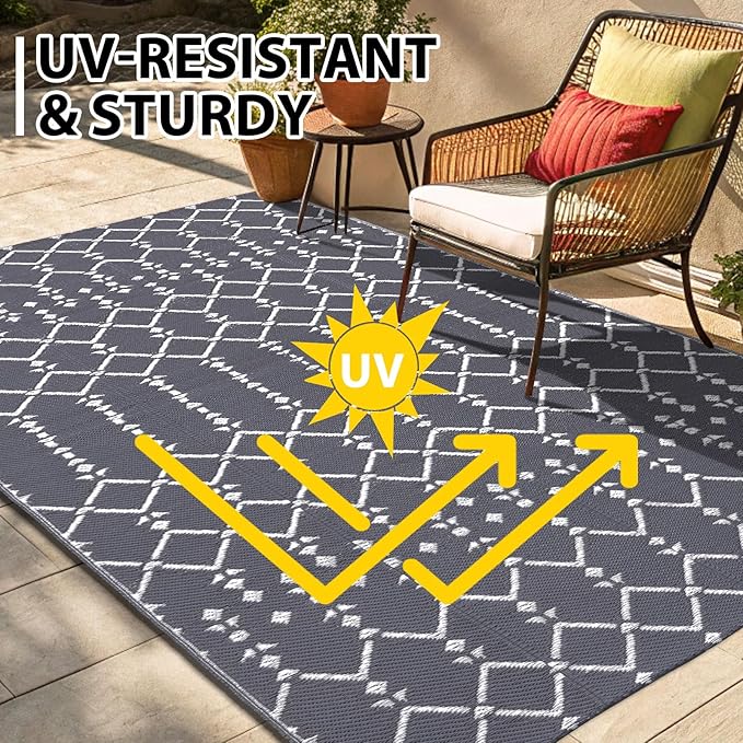 Smiry Outdoor Rug 5x8 ft, Waterproof Reversible Plastic Straw Rugs, Boho Outdoor Area Rug, Outside Floor Mat for Patio, Backyard, Deck, Picnic, Beach, Camping, Grey