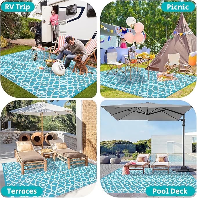 HEBE Outdoor Rug 9'x12' for Patios Waterproof Clearance Reversible Patio Mat Plastic Straw Rug RV Camping Mat Outside Area Rug Carpet for Camping RV,Porch,Deck,Balcony,Camper,Backyard