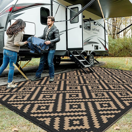 GENIMO Outdoor Rug for Patio Clearance, 10'x14' Waterproof Large Camping Mat, Reversible Plastic Straw Rugs for RV, Camper, Balcony, Backyard, Picnic, Deck (Black & Brown)