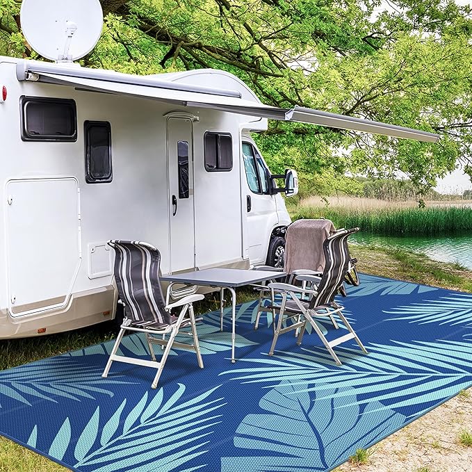 GENIMO Outdoor Rug 10' x 14' Waterproof for Patios Clearance, Reversible Outdoor Plastic Straw Camping Rug Carpet, Large Area Rugs Mats for RV, Camper, Deck, Balcony, Porch, Beach, Royalblue&Bluegreen