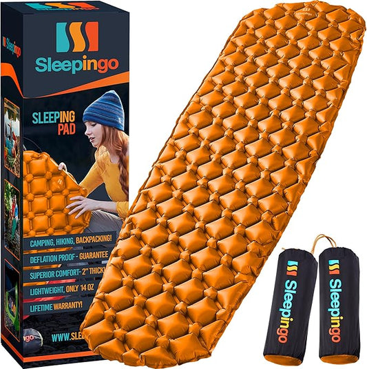 Sleeping Pad for Camping - Ultralight Sleeping Mat for Camping, Backpacking, Hiking - Lightweight, Inflatable & Compact Camping Air Mattress - Inflatable Camping Mat (Orange, 2 Pack)