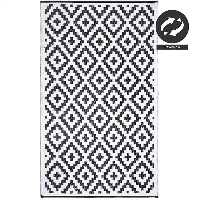 FH Home Outdoor Camping Rug - Waterproof, Fade Resistant, Reversible - Premium Recycled Plastic - Geometric - Large Patio, Deck, Sunroom, RV - Aztec - Black & White - 9 x 18 ft Foldable
