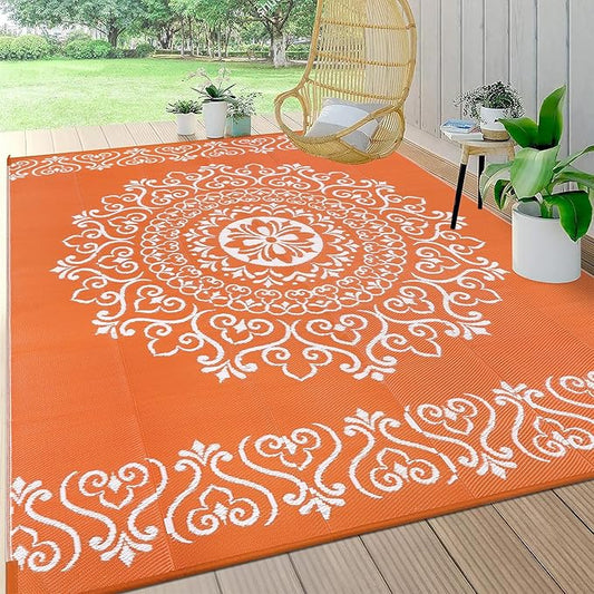 Pauwer Waterproof Outdoor Rug 8x10, Reversible Plastic Straw Patio Camping Rug, Indoor Outdoor RV Mat Carpet for Deck, Camper, Porch, Balcony, Backyard, Picnic, Floral Orange