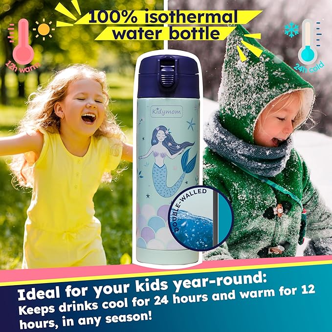 Stainless Steel Water Bottle Kids 12 oz With Carrying Pouch| Insulated Water Bottle For Kid, Toddler, Girls, Boys or Teen | Leakproof, BPA-Free | Little Metal Tumbler for School | Mermaid Girl