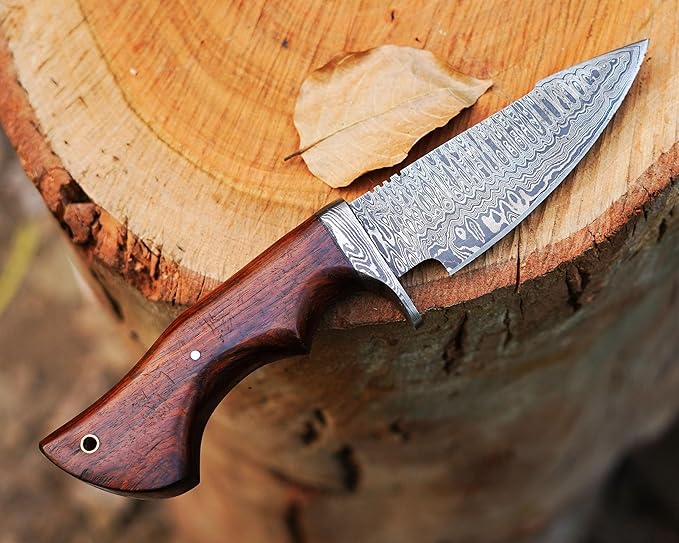 10″ Handmade Damascus Hunting Knife with Leather Sheath - Predator Hunter Damascus Steel Knife Ideal for Skinning, Camping and Outdoor - EDC Fixed Blade Bushcraft Knife Full Tang