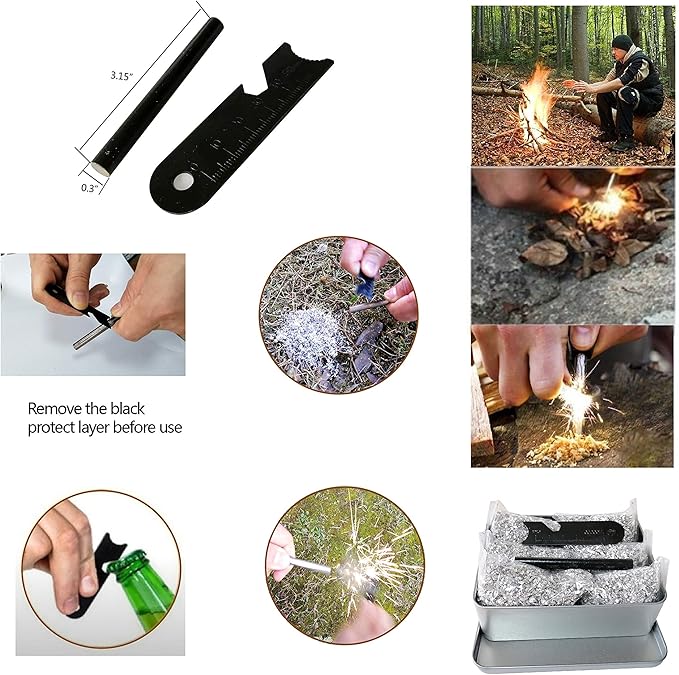 egreen Emergency Fire Starter Ferro Rod Striker Magnesium 6 Bags for Camping Hiking Bushcraft Survival Outdoor Hurricane + Free Tin Box (12 Bags Magnesium + Ferro & Striker)