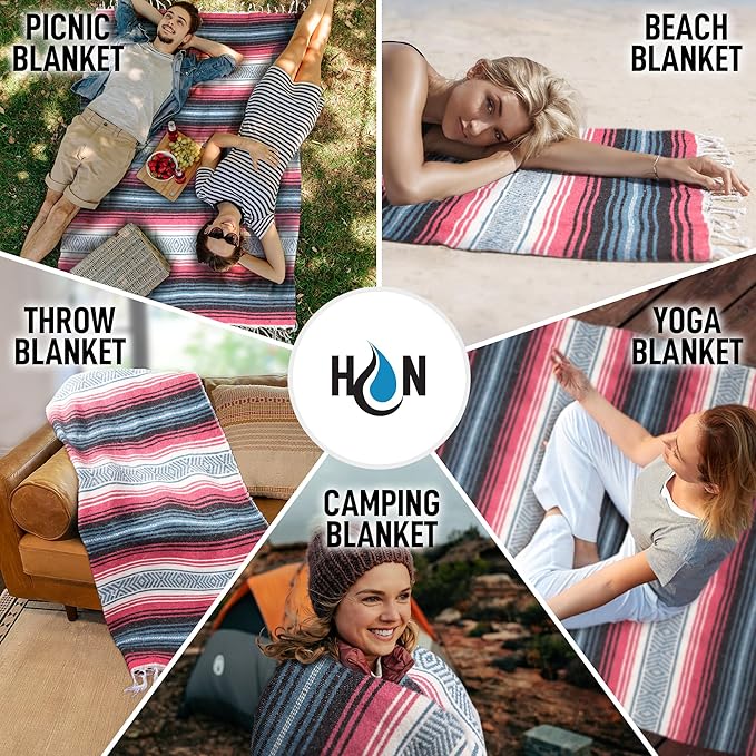 Authentic Large Handwoven Mexican Blanket - Soft Yoga Blanket - Durable Serape Blanket - Lightweight Falsa Blanket, Beach Blanket, Camping Blanket, Picnic Blanket, Outdoor Blanket 70"x50" - Azure