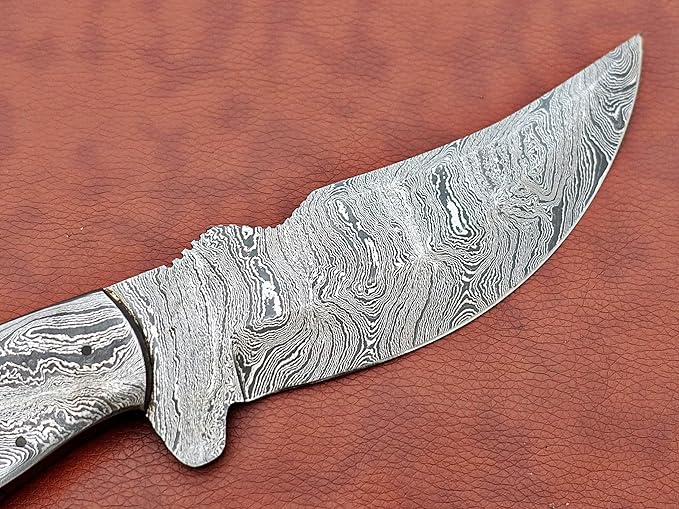 11.5" Long Hand Forged Damascus Steel Trailing Point Full Tang Blade Skinning Knife, 2 Tone Black Dollar Wood Scale with Damascus Bolster, Cow Hide Leather Sheath Included