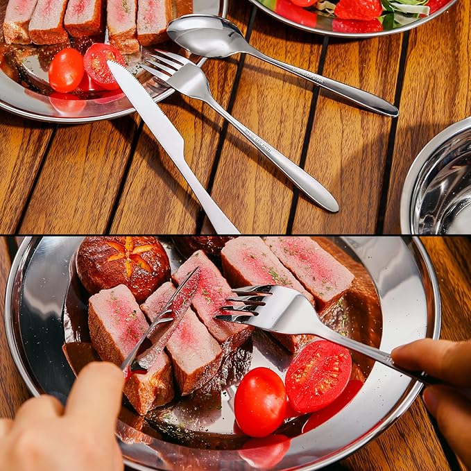 Odoland 29pcs Stainless Steel Utensils Camping Tableware Kit with Bowls Plates Cups Forks Spoons and Knives for 4, Cutlery Flatware Set for Backpacking, Outdoor Camping Hiking and Picnic