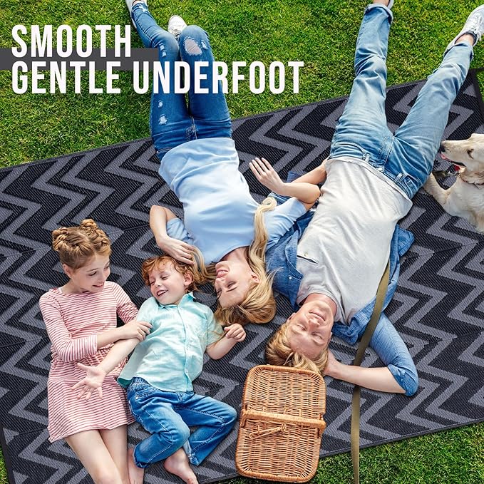 OLANLY Waterproof Outdoor Rug 9x12 ft Clearance, Reversible Outdoor Plastic Straw Rug, RV Mat, Indoor Outdoor Carpet for Patio, Camping, Balcony, Deck, Backyard, Black & Grey