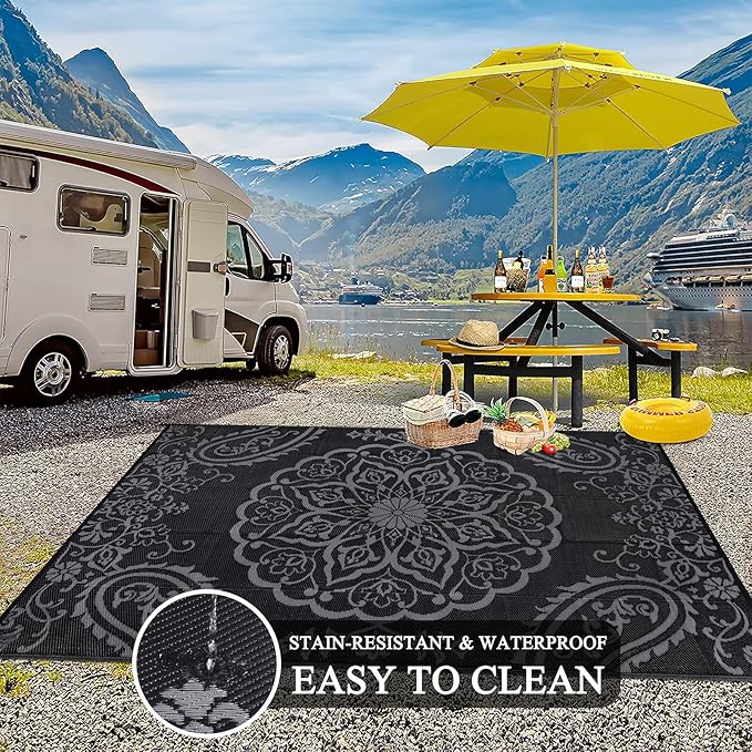 Pauwer Waterproof Outdoor Rug 6x9, Reversible Plastic Straw Patio Camping Rug, Indoor Outdoor RV Mat Carpet for Deck, Camper, Porch, Balcony, Backyard, Picnic, Boho Black Grey