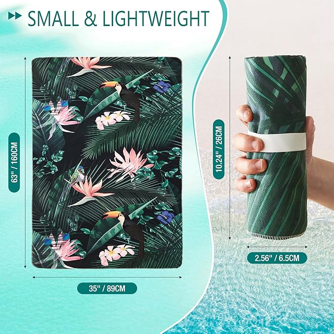 HYSEAS Lightweight Ultra-Thin Beach Towel Blanket, Oversized 63"X35", Sand Free, Quick Dry, Ideal for Swimming, Beach, Yoga, Travel, Camping, Essential Beach Accessory & Vacation Gift, Paradise Bird