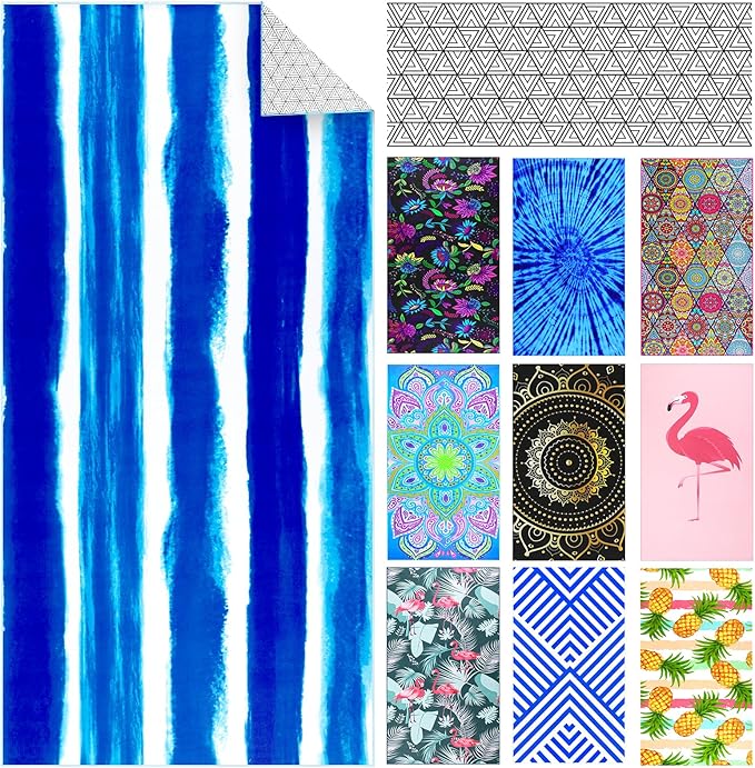 Microfiber Pool Sandproof Beach Towel Blanket - Quick Fast Dry Sand Free Proof Compact Outdoor Camping Travel Swim Micro Fiber Thin Yoga Mat Personalized Gift for Women Man Adult Blue Tie Dye Stripe