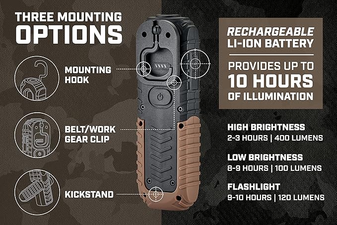 Spec Ops Tools 2-in-1 Rechargeable LED Work Light + Flashlight, 150-400 Lumens, Waterproof, Magnetic Base with Hook, 3 Light Modes, 3percent Donated to Veterans, SPEC-FLASHT