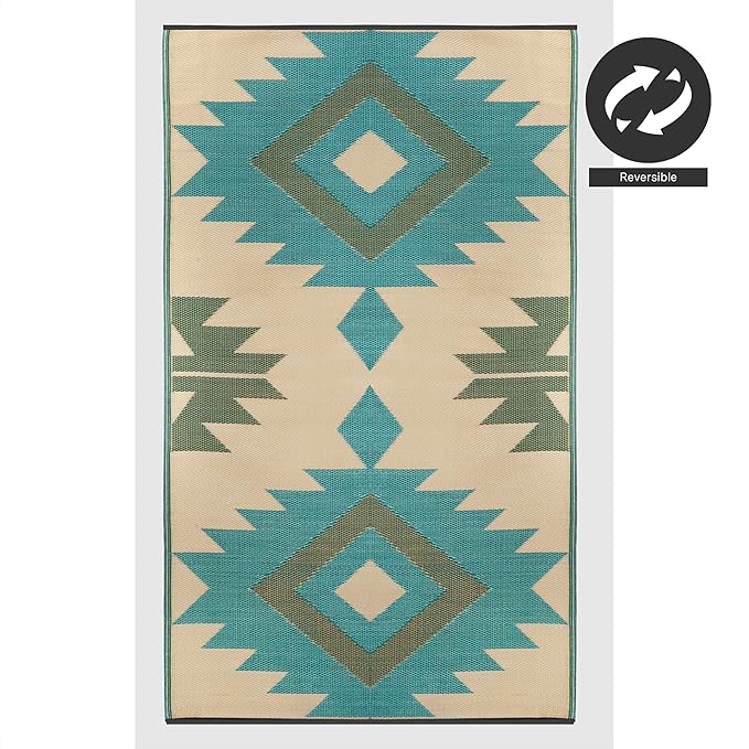FH Home Outdoor Rug - Waterproof, Fade Resistant, Reversible - Premium Recycled Plastic - Geometric - Patio, Deck, Porch, Balcony - Bursa Kilim - Teal Crease Free - 5 x 8 ft
