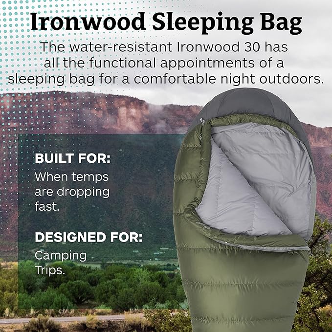 MARMOT Ironwood Mummy Sleeping Bag - 650 Fill Down, Lightweight, 30-Degree Rating, Bomber Green/Steel Onyx, Regular