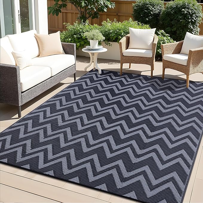 OLANLY Waterproof Outdoor Rug 9x12 ft Clearance, Reversible Outdoor Plastic Straw Rug, RV Mat, Indoor Outdoor Carpet for Patio, Camping, Balcony, Deck, Backyard, Black & Grey