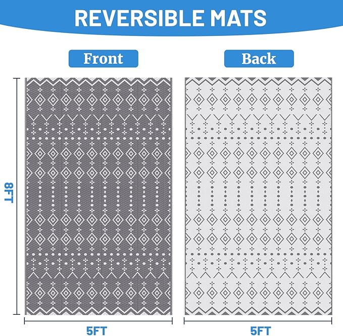 StepRite 5’ x 8’ Reversible Outdoor Rug, Waterproof Plastic Straw Rug, Patio Rug, Large Modern Area Rug Carpet, Indoor Outdoor Rugs for Camping, Porch, Deck, Balcony, Backyard, RV, Picnic(Grey)