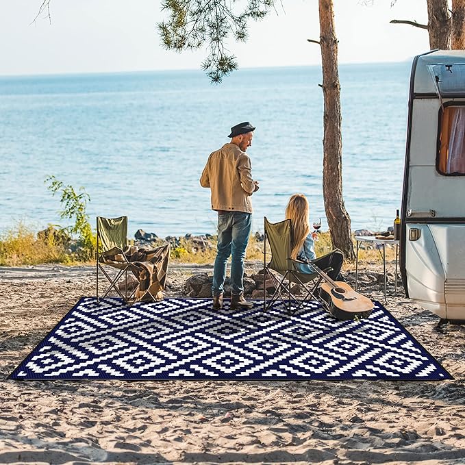 GENIMO 5x8 Outdoor Rug Waterproof, Reversible Mats, Area Rug, Plastic Outside Carpet, Geometric Rv Mat for Patio Camping Picnic Backyard Deck Balcony Porch Beach Trailer (Navy Blue & White)