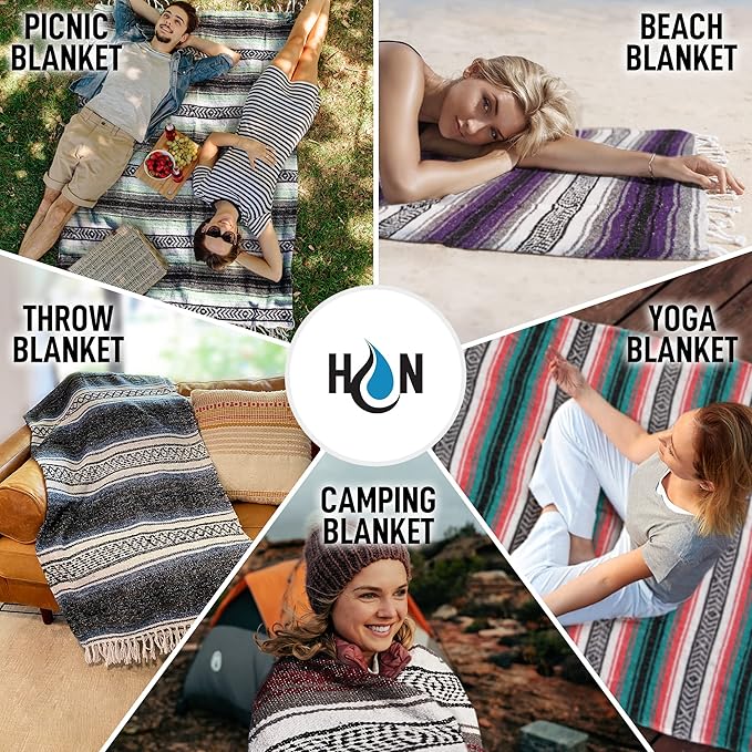 Authentic Extra Large Mexican Blanket (70"x50") - Handwoven Yoga Blanket, Serape Blanket - Artisanal Falsa Blanket, Beach Blanket, Camping Blanket, Picnic Blanket, Outdoor Blanket (Oxford)