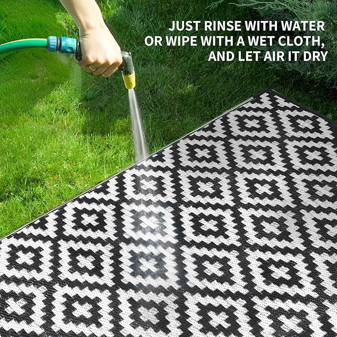 Outdoor Patio Plastic Straw Rug - 6'x9' Outdoor Camping Rug Waterproof Reversible, Area Carpet Patios Clearance RV, Outside Porch Balcony Deck for Camper, Black & White