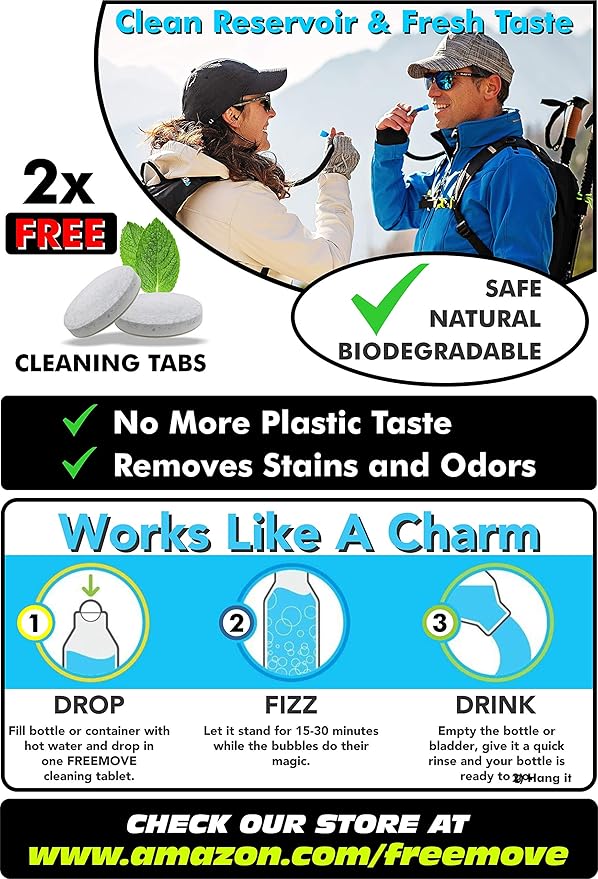 FREEMOVE Hydration Bladder 2L / 3L Water Bladder for Hiking Backpack >Blue or Green< Leak Proof Hydration Pack, Tasteless & BPA Free, TPU Water Reservoir, Quick Release Insulated Tube & Shutoff Valve