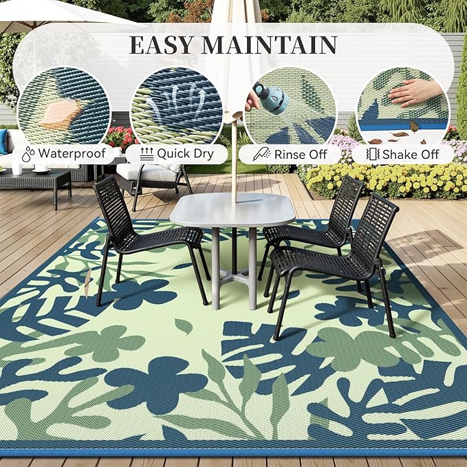 MontVoo Outdoor Rug Waterproof 6x9 ft RV Outdoor Rug for Camping Picnic Mat Outdoor Patio Rug Carpet Plastic Straw Reversible Floral Teal Blue Green