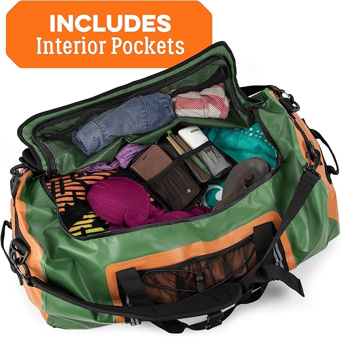 Dri-Tech Waterproof Dry Duffle Bag, IP 65 Lightweight Roll-Top Dry Bag with Backpacking Shoulder Straps & 4 Extra Pockets – Protects Personal Belongings