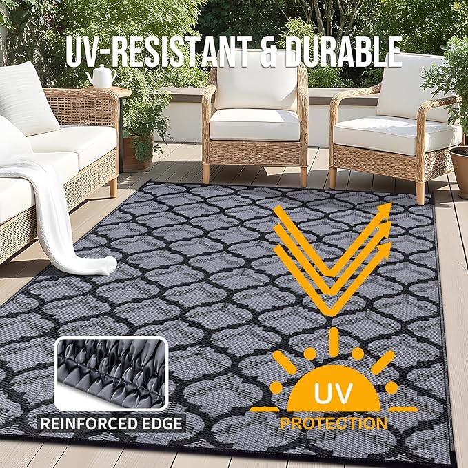 OLANLY Reversible Outdoor Rug 8x10 ft Clearance, Waterproof Outdoor Plastic Straw Rug with Interlacing Pattern, RV Mat for Patio, Camping, Balcony, Deck, Backyard, Black & Grey