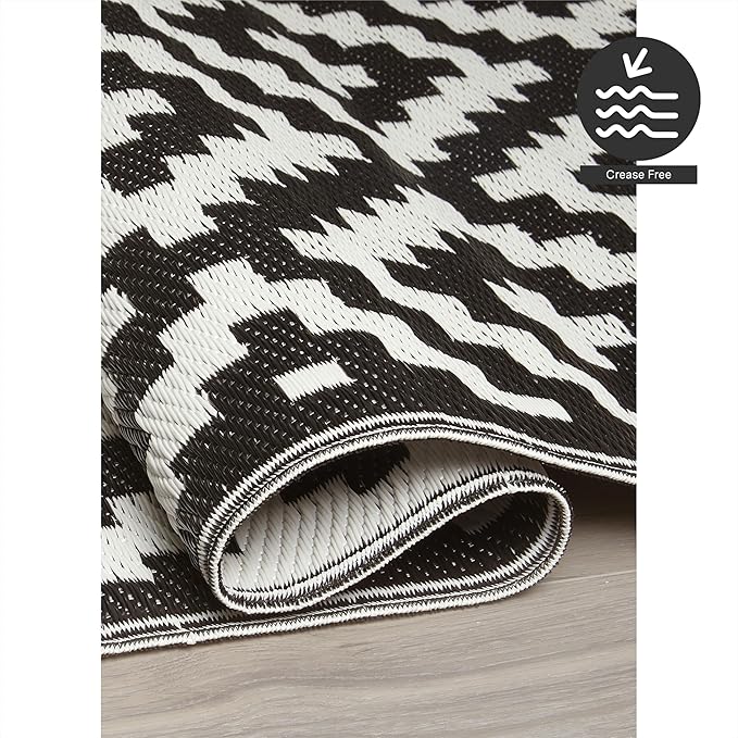 FH Home Outdoor Camping Rug - Waterproof, Fade Resistant, Reversible - Premium Recycled Plastic - Geometric - Patio, Deck, Sunroom, RV - Aztec - Black & White - 5 x 8 ft Foldable