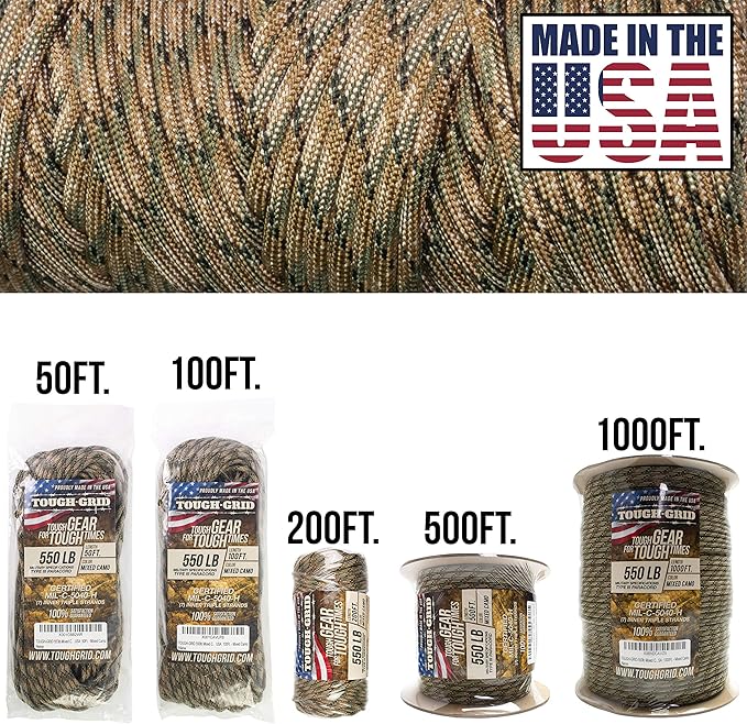 TOUGH-GRID Premium Mixed Camo Paracord 550 lbs Made in USA Outdoor Survival Nylon Rope Tactical Heavy Duty Strands Parachute Cord Used by US Military Type III Mil-Spec