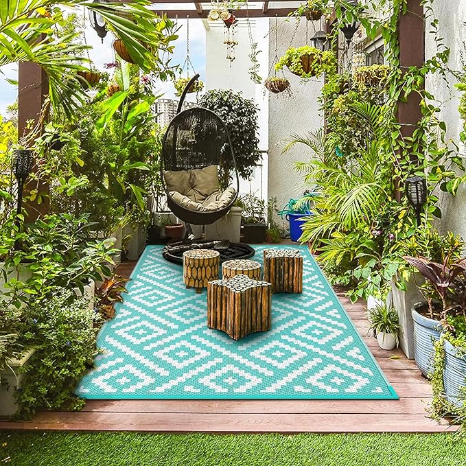GENIMO Outdoor Rug for Patio Clearance, 6'x9' Waterproof Camping Mat, Reversible Plastic Straw Rugs for RV, Camper, Balcony, Backyard, Picnic, Deck (Aqua Blue & White)