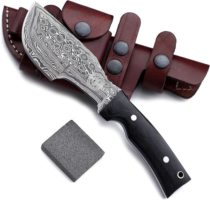 Handmade Damascus Steel Knife for Hunting, Survival, Camping, Bushcraft, Fishing, Fixed Blade, Tracker Knife with Full Tang Micarta Handle, Leather Sheath and Sharpening Stone - WKD-799