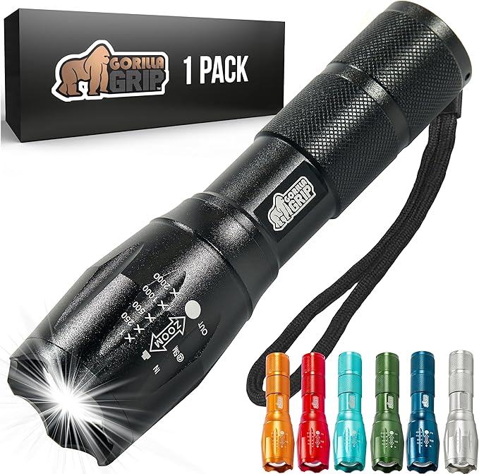 Gorilla Grip Powerful LED 750 FT Water Resistant 5 Adjustable Mode Tactical Flashlight, High Lumens Ultra Bright Battery Life Zoom Flashlights, Small Camping Car Mini Flash Light Accessories, Black